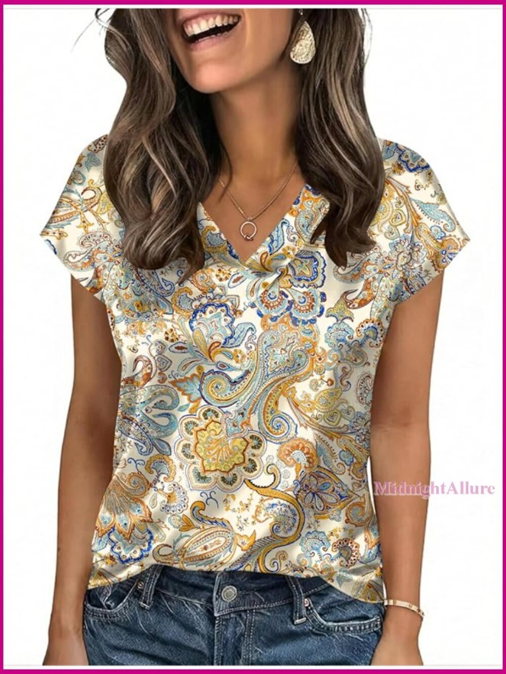 Satin V-Neck Cap Sleeve Blouse, Regular Fit, Floral Print Top